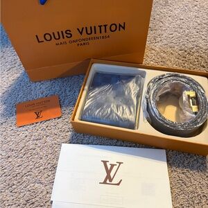 Louis Vuitton Men's Belt and Wallet Set in Black with Gold Buckle